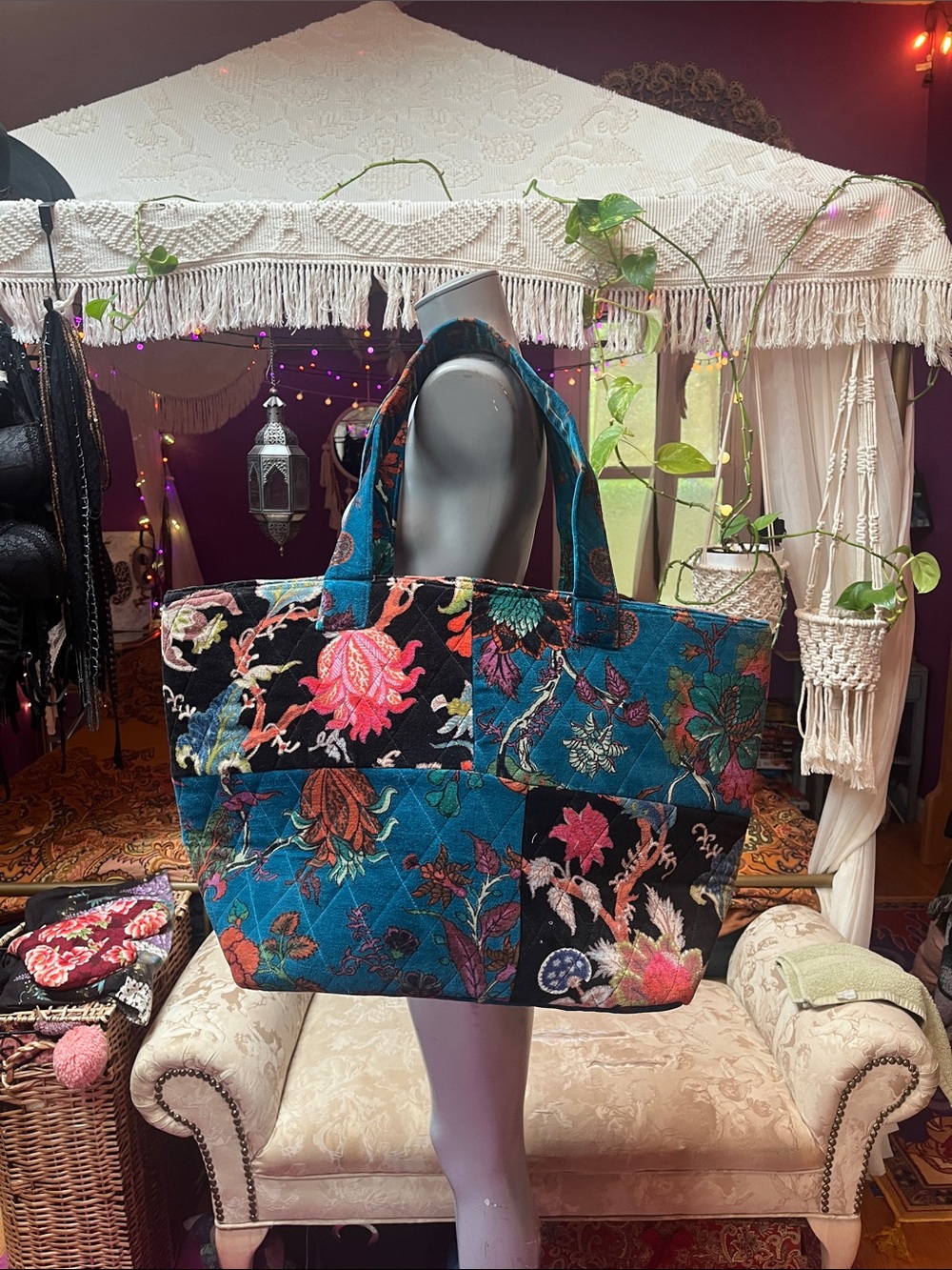 Oversized floral patchwork boho witchy velvet weekender bag